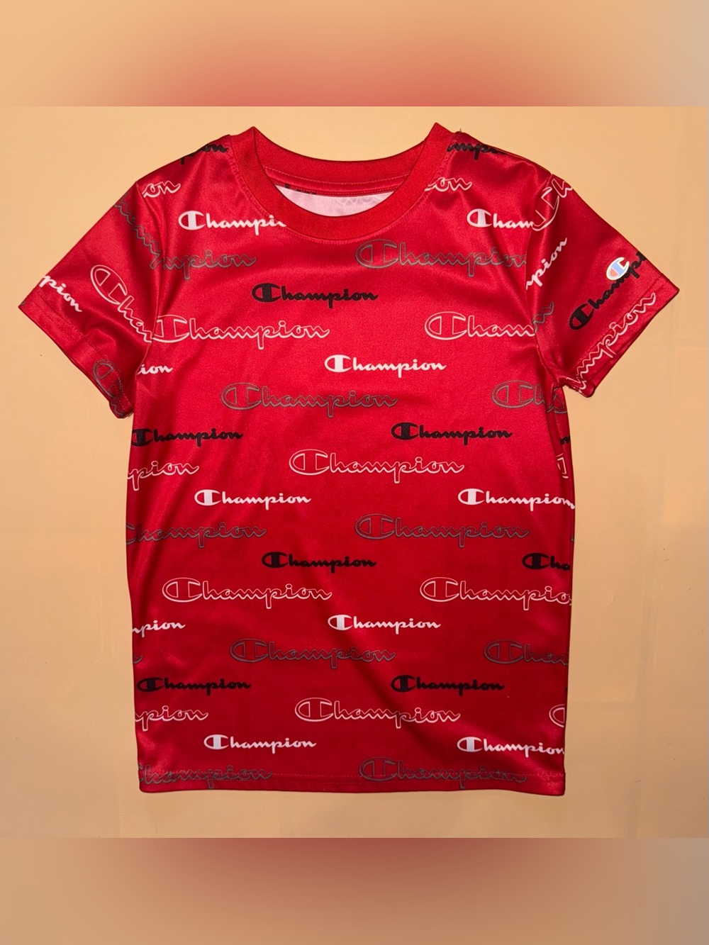 Champion Shirt All Over Logo Youth Large Red Athletic Tee Streetwear Graphic